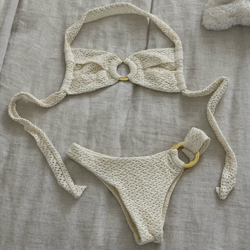 Monday Swimwear Cream Crochet Ring-Detail Bikini Set